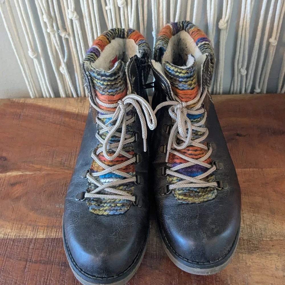 Rieker Black Leather Lace-Up Ankle Boots with Multi-Color Knit Cuff - Size 41